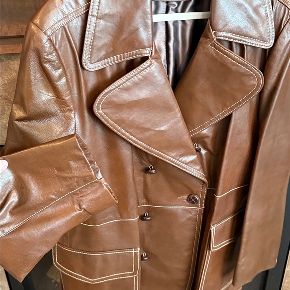 Vintage brown leather jacket coat statement lapel and stitching size 42 1970s - Picture 6 of 17
